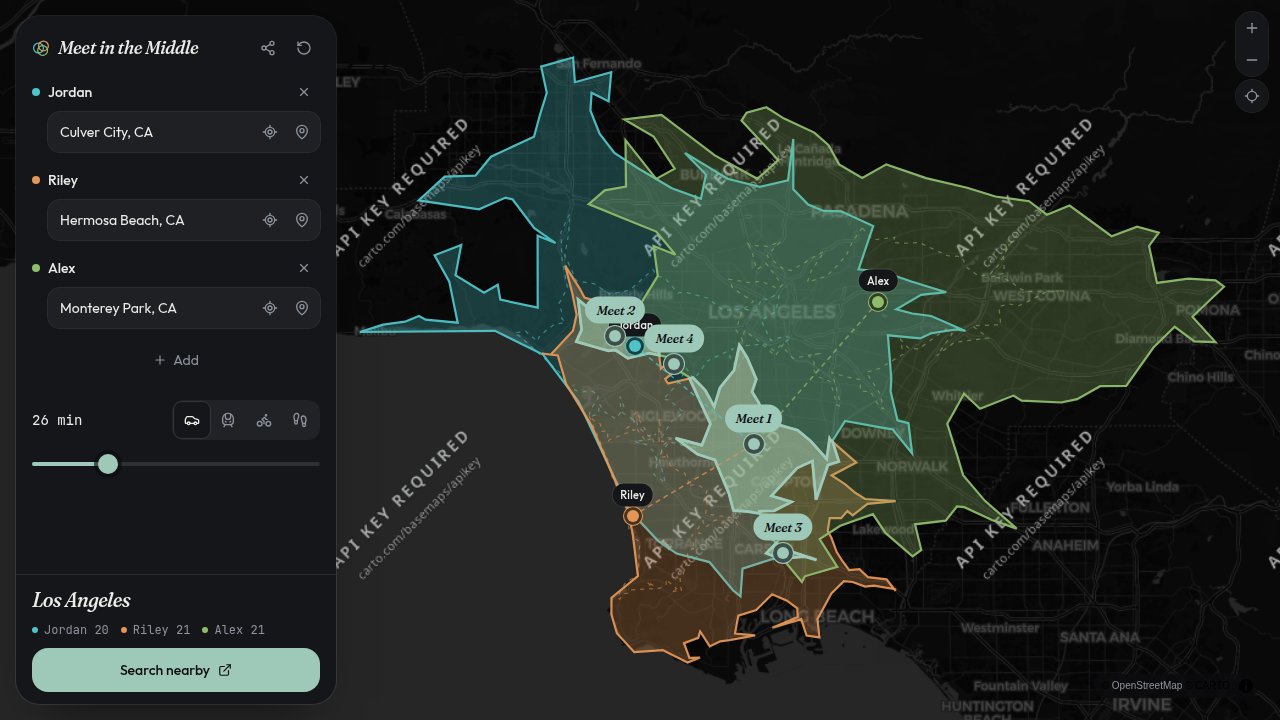 Meet in the Middle map with LA isochrones and numbered meetup markers
