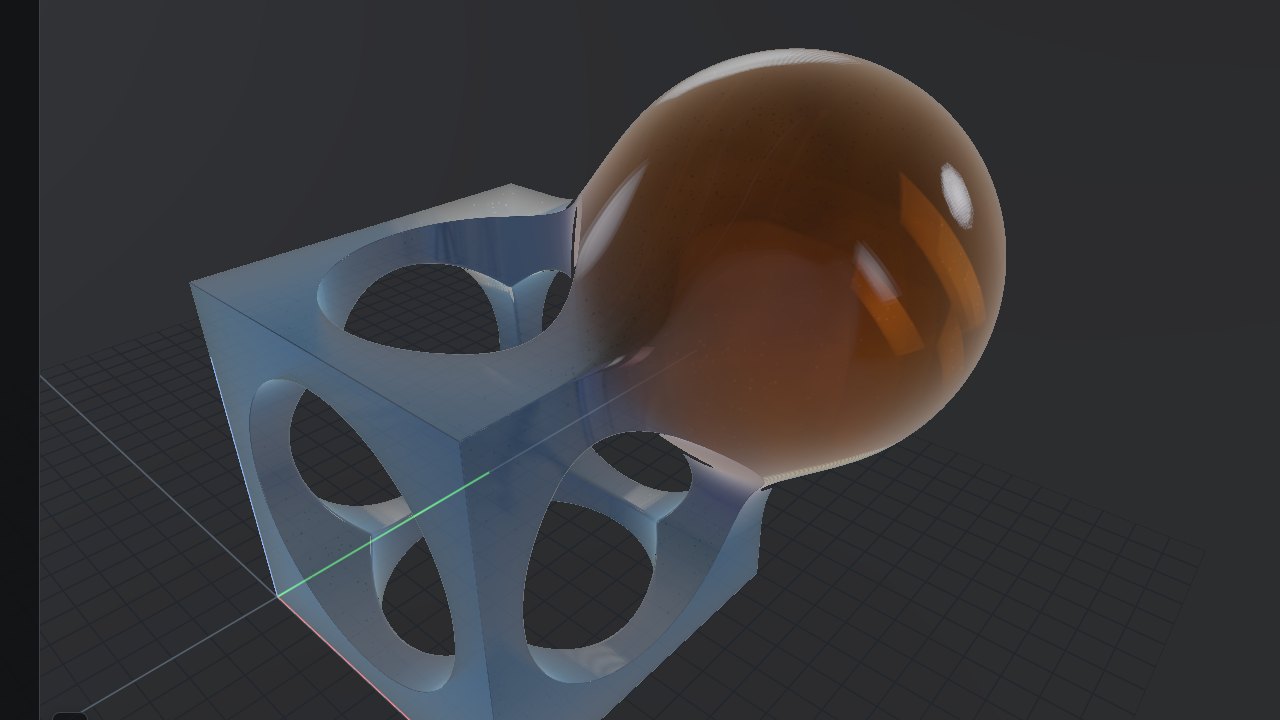 three-cad WebGPU viewport with a glass cube unioned to an amber sphere